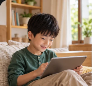 A boy reading on a tablet with Hǔhǔ beside him.