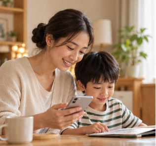 A mother and child reading together with Hǔhǔ nearby.