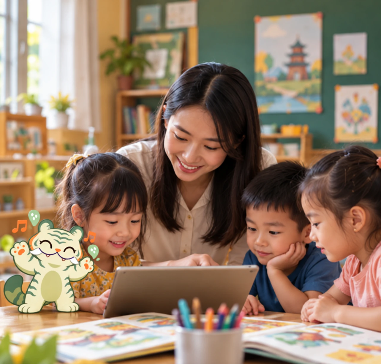 A teacher and children exploring learning materials with Hǔhǔ.