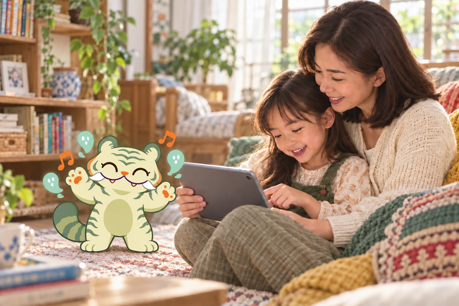 A child reads on a tablet with illustrated tiger Hǔhǔ beside them.