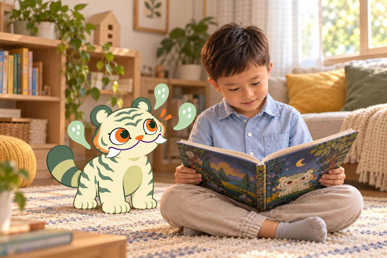 A child reading a story with Hǔhǔ nearby.